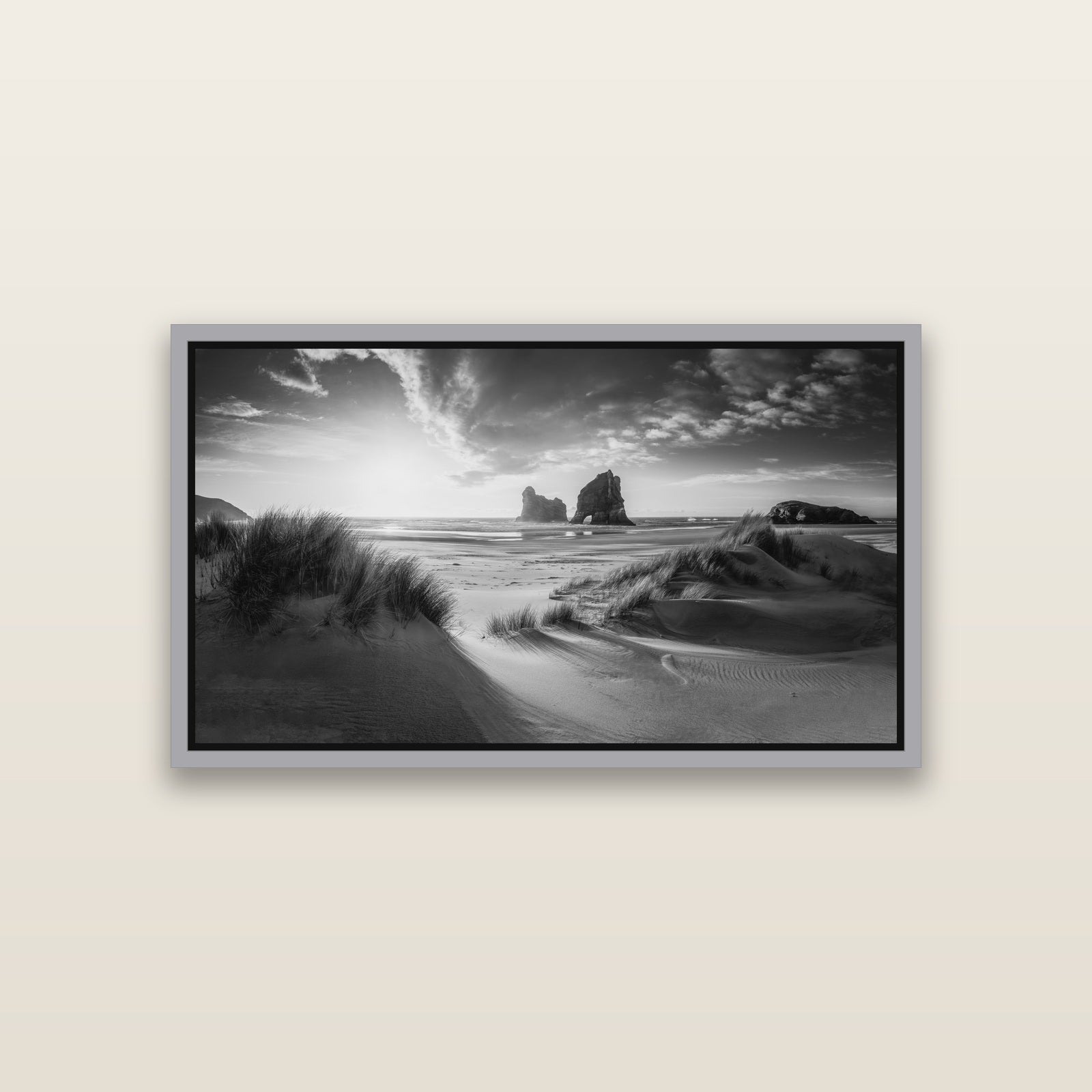 Eternal Beauty, Wharariki's Archway Secrets — Antique Silver framed metallic canvas print, small 81 × 46 cm. New Zealand fine art landscape wall art by Stephen Milner.