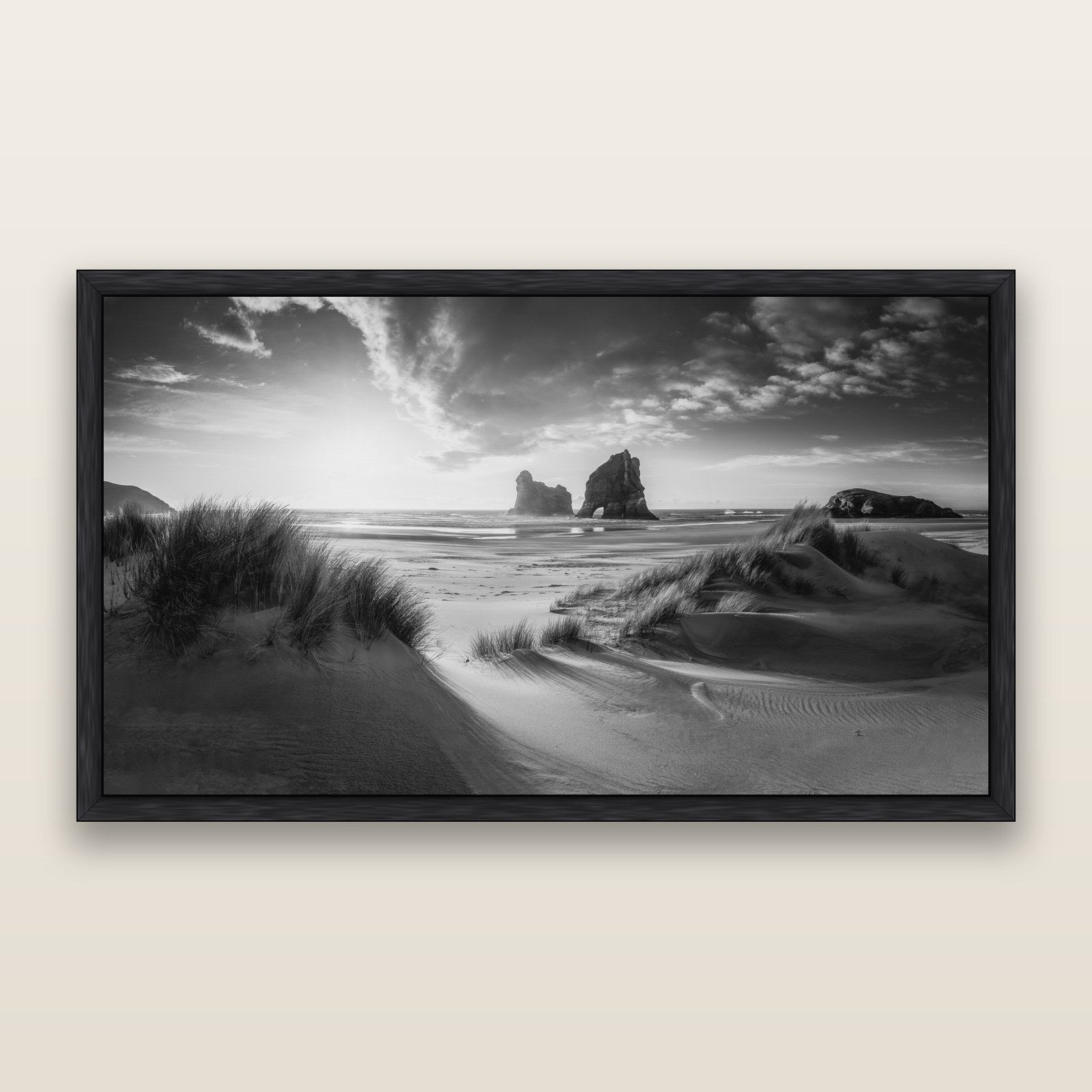 Eternal Beauty, Wharariki's Archway Secrets, black and white framed metallic canvas print, Black frame. New Zealand fine art wall art by Stephen Milner.