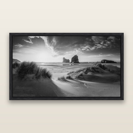 Eternal Beauty, Wharariki's Archway Secrets, black and white framed metallic canvas print, Black frame. New Zealand fine art wall art by Stephen Milner.