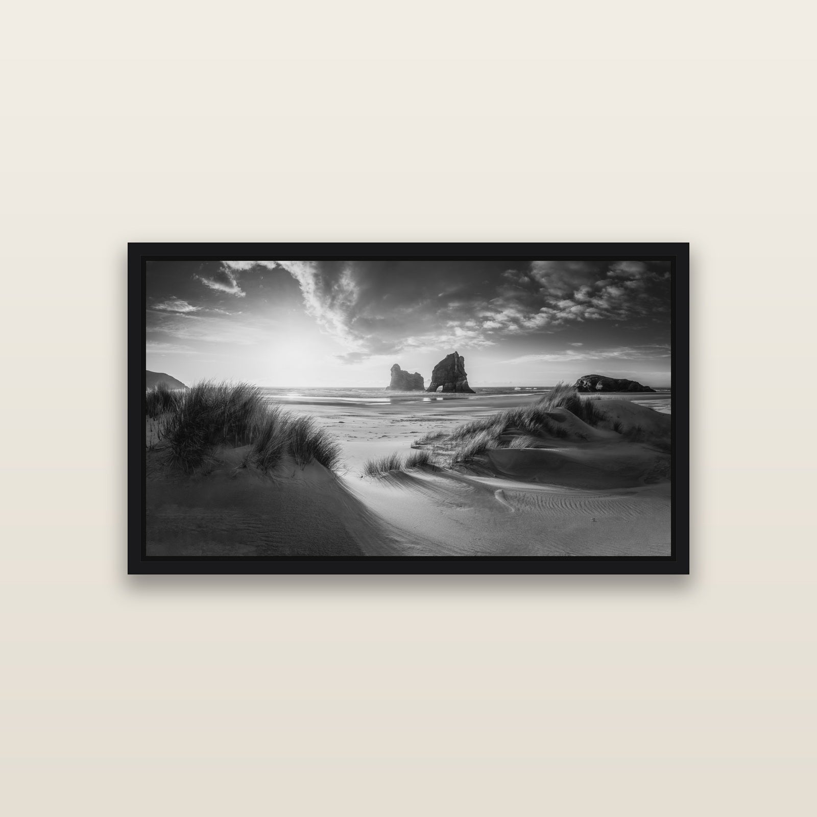 Eternal Beauty, Wharariki's Archway Secrets — Black framed metallic canvas print, small 81 × 46 cm. New Zealand fine art landscape wall art by Stephen Milner.