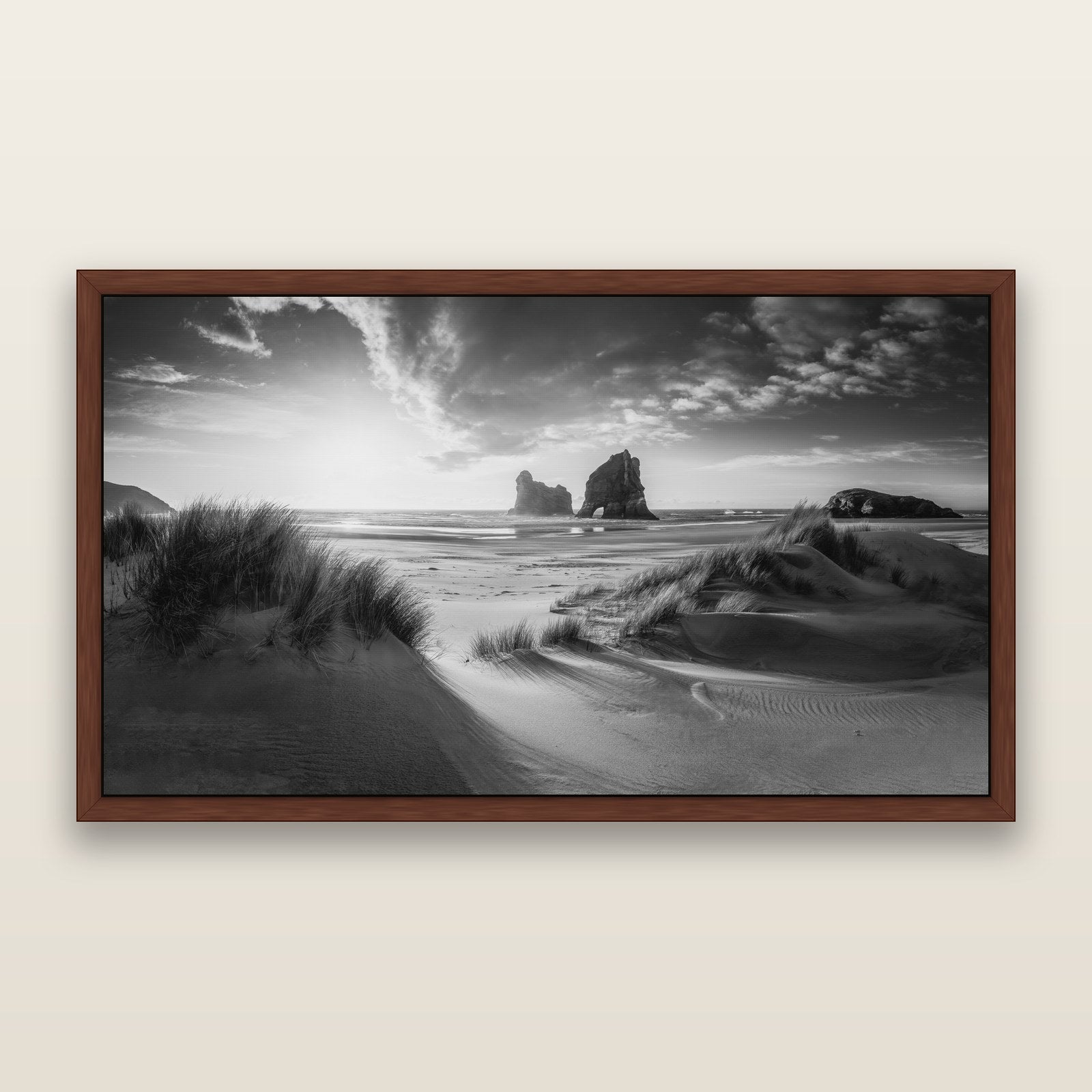 Eternal Beauty, Wharariki's Archway Secrets, black and white framed metallic canvas print, Brown frame. New Zealand fine art wall art by Stephen Milner.