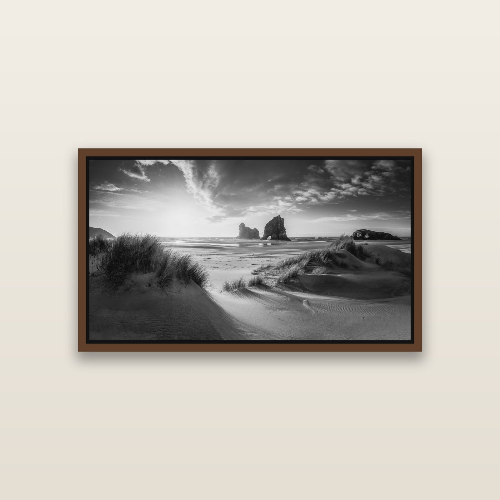 Eternal Beauty, Wharariki's Archway Secrets — Brown framed metallic canvas print, small 81 × 46 cm. New Zealand fine art landscape wall art by Stephen Milner.