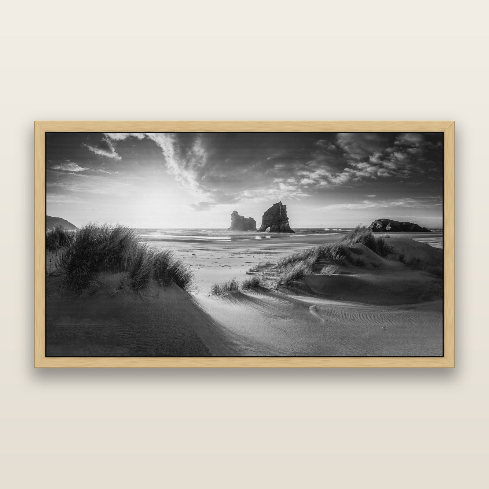 Eternal Beauty, Wharariki's Archway Secrets, black and white framed metallic canvas print, Natural frame. New Zealand fine art wall art by Stephen Milner.