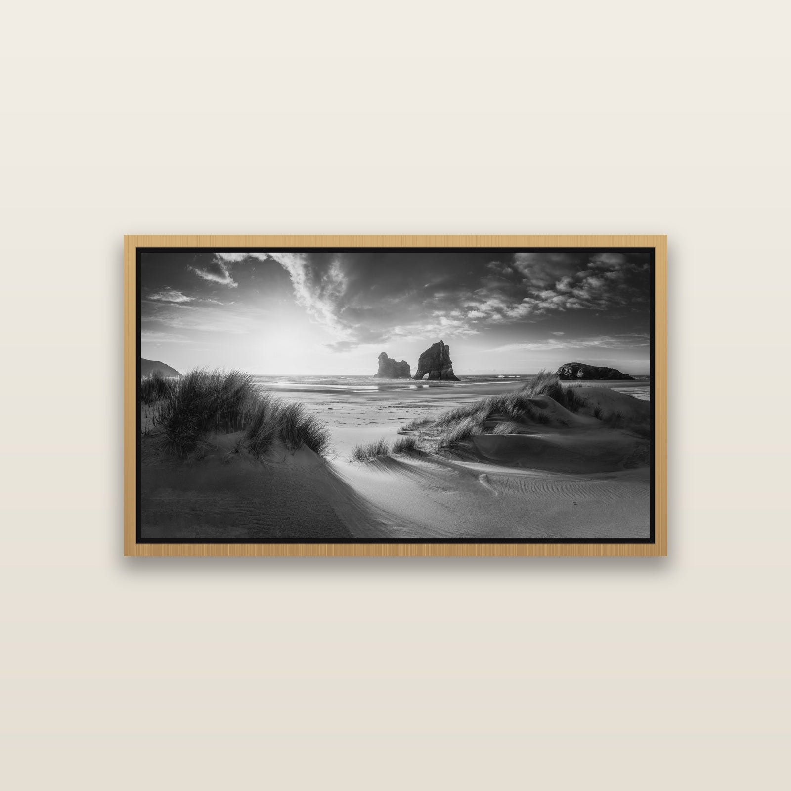 Eternal Beauty, Wharariki's Archway Secrets — Natural framed metallic canvas print, small 81 × 46 cm. New Zealand fine art landscape wall art by Stephen Milner.