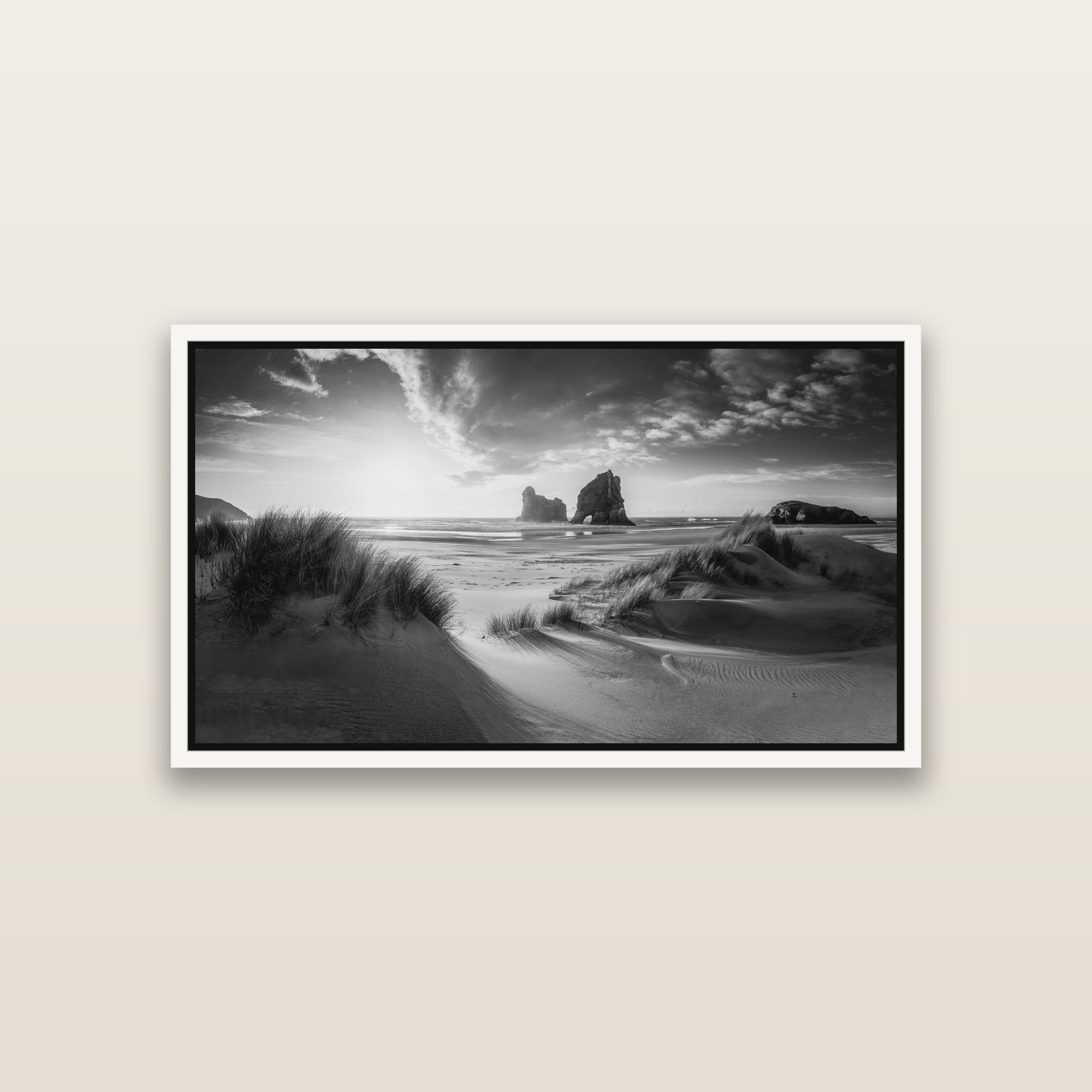 Eternal Beauty, Wharariki's Archway Secrets — White framed metallic canvas print, small 81 × 46 cm. New Zealand fine art landscape wall art by Stephen Milner.