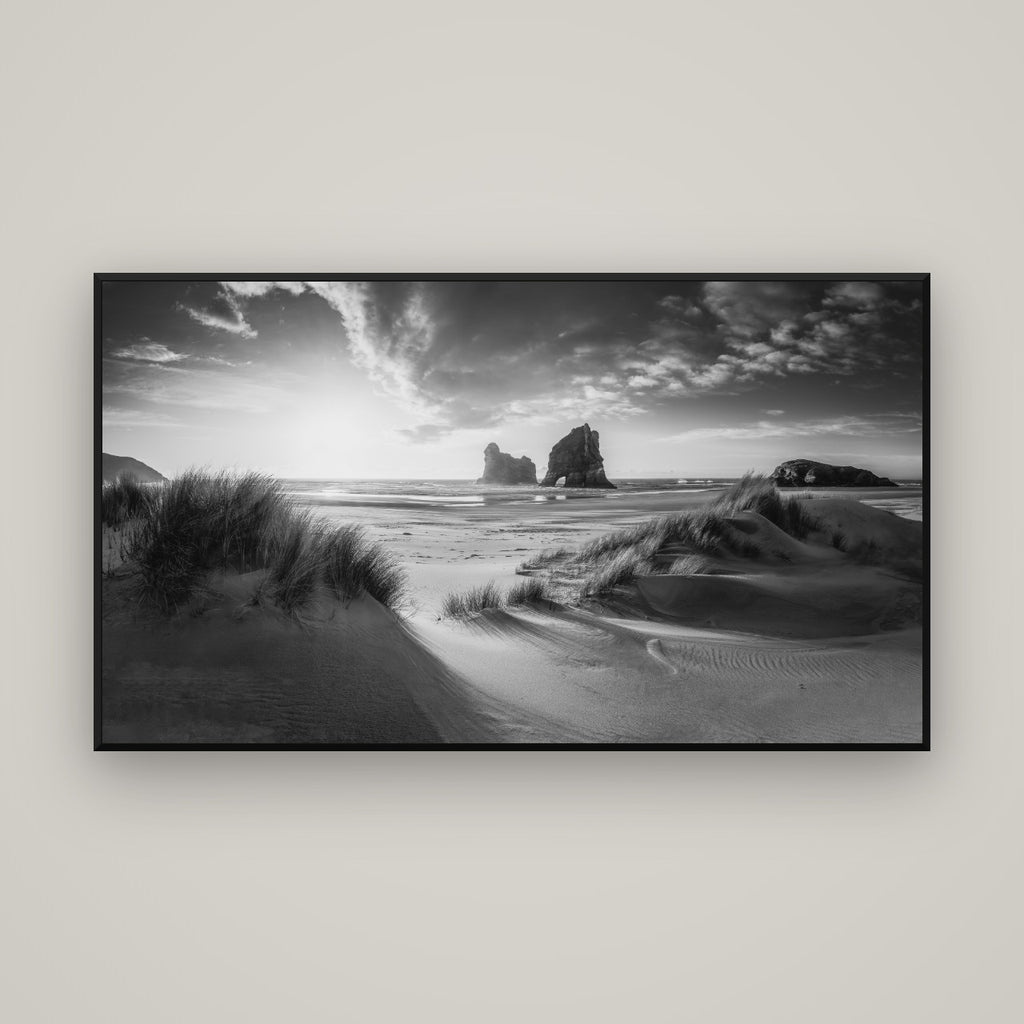 Eternal Beauty, Wharariki's Archway Secrets — Basel Black Matte, 160×90 cm. New Zealand fine art wall art by Stephen Milner.