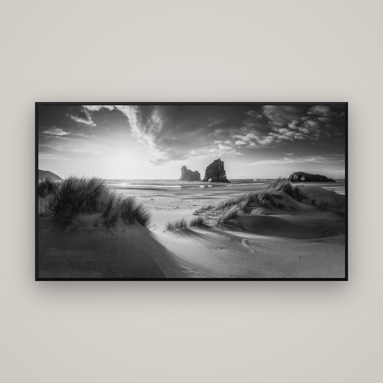 Eternal Beauty, Wharariki's Archway Secrets — Basel Black, 160×90 cm. New Zealand fine art wall art by Stephen Milner.