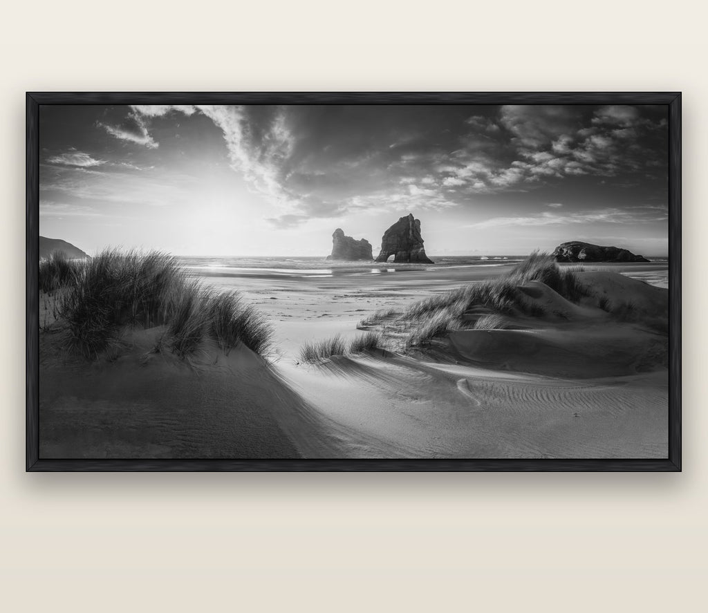 Eternal Beauty, Wharariki's Archway Secrets — black float frame canvas, 200 × 130 cm. New Zealand fine art landscape wall art by Stephen Milner.