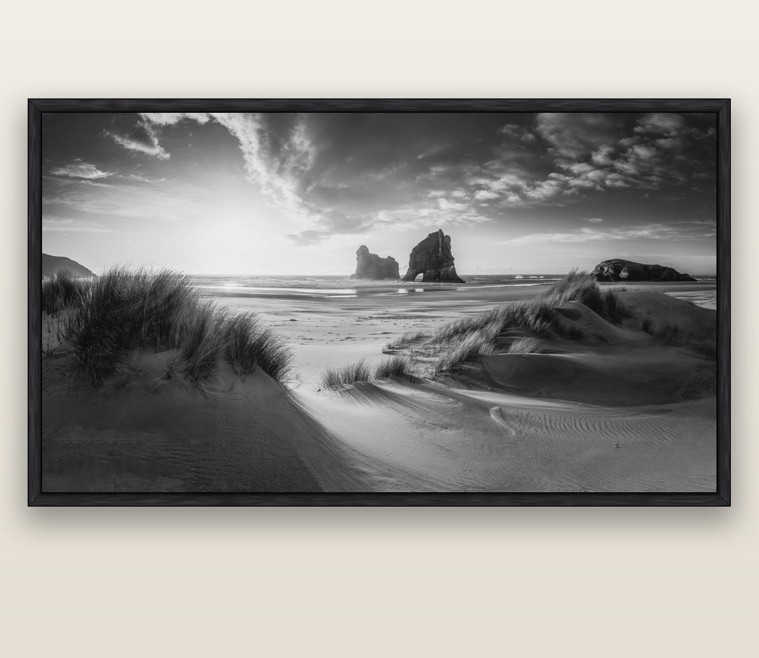 Eternal Beauty, Wharariki's Archway Secrets — black float frame canvas, 200 × 130 cm. New Zealand fine art landscape wall art by Stephen Milner.