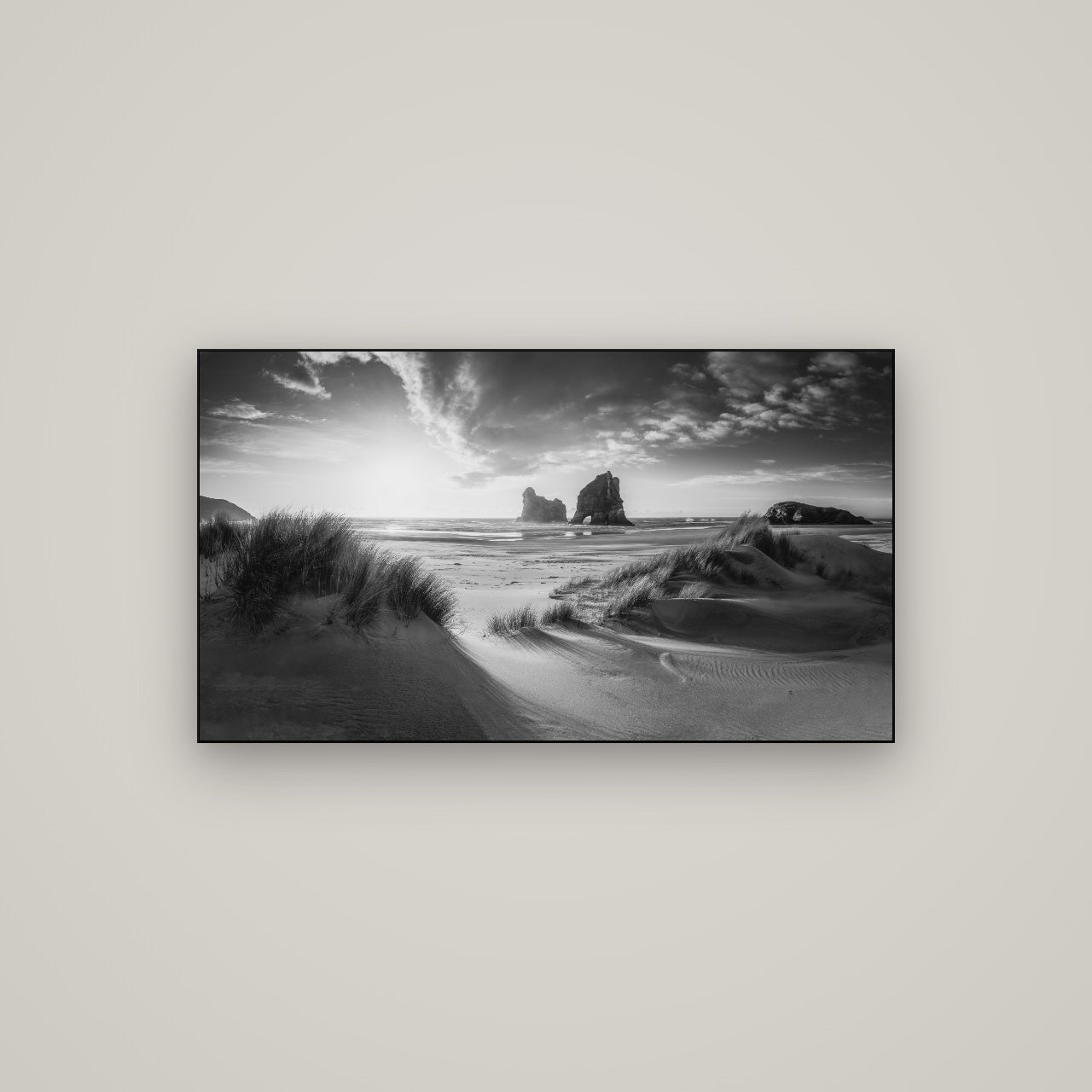Eternal Beauty, Wharariki's Archway Secrets — Slimline Black, 107×60 cm. New Zealand fine art wall art by Stephen Milner.