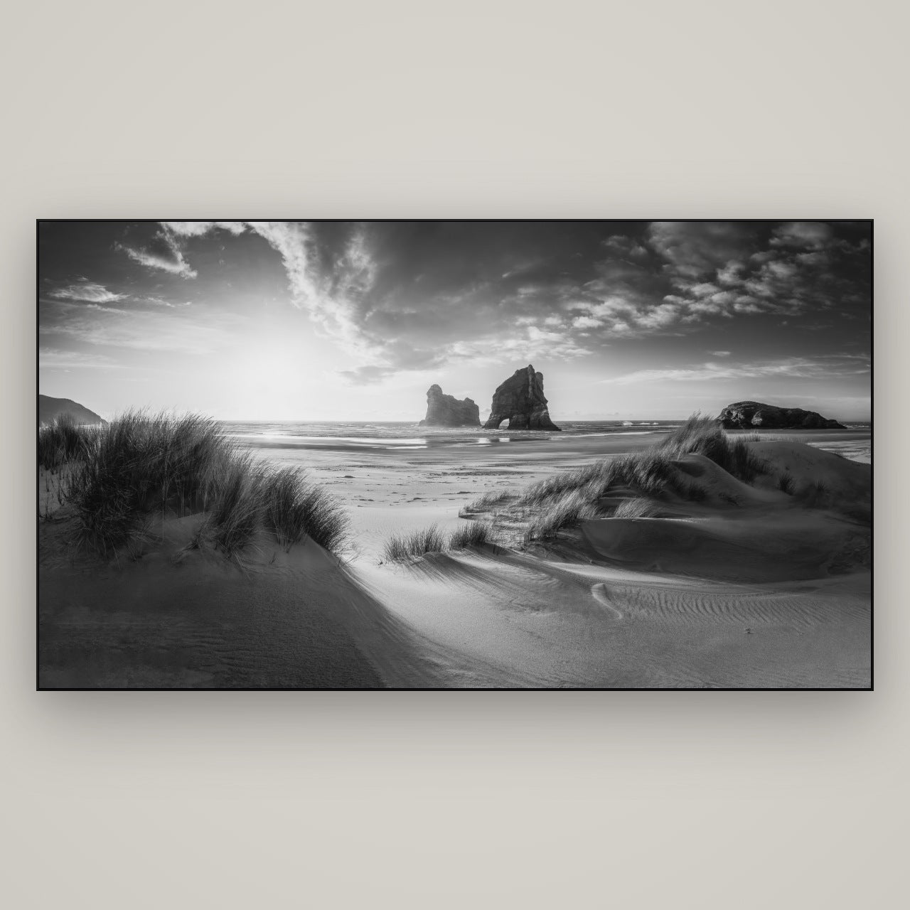 Eternal Beauty, Wharariki's Archway Secrets — Slimline Black, 196×110 cm. New Zealand fine art wall art by Stephen Milner.