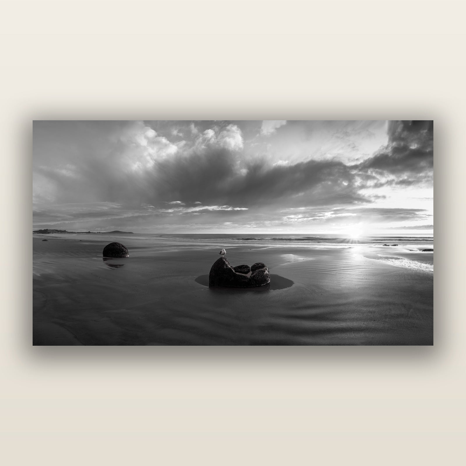 Eternal Guardians, Moeraki Boulders, black and white frameless acrylic glass print. New Zealand fine art photography by Stephen Milner.