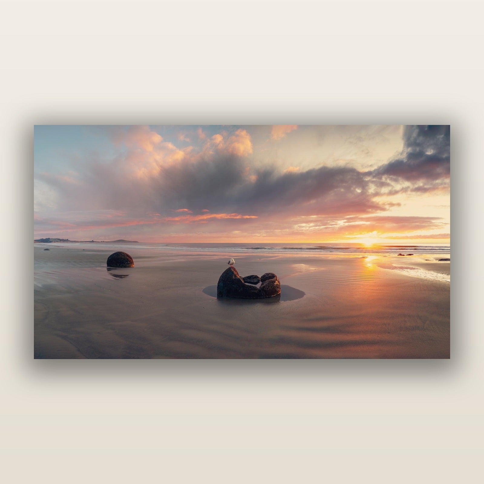 Eternal Guardians, Moeraki Boulders — frameless acrylic glass print. New Zealand fine art landscape photography by Stephen Milner.