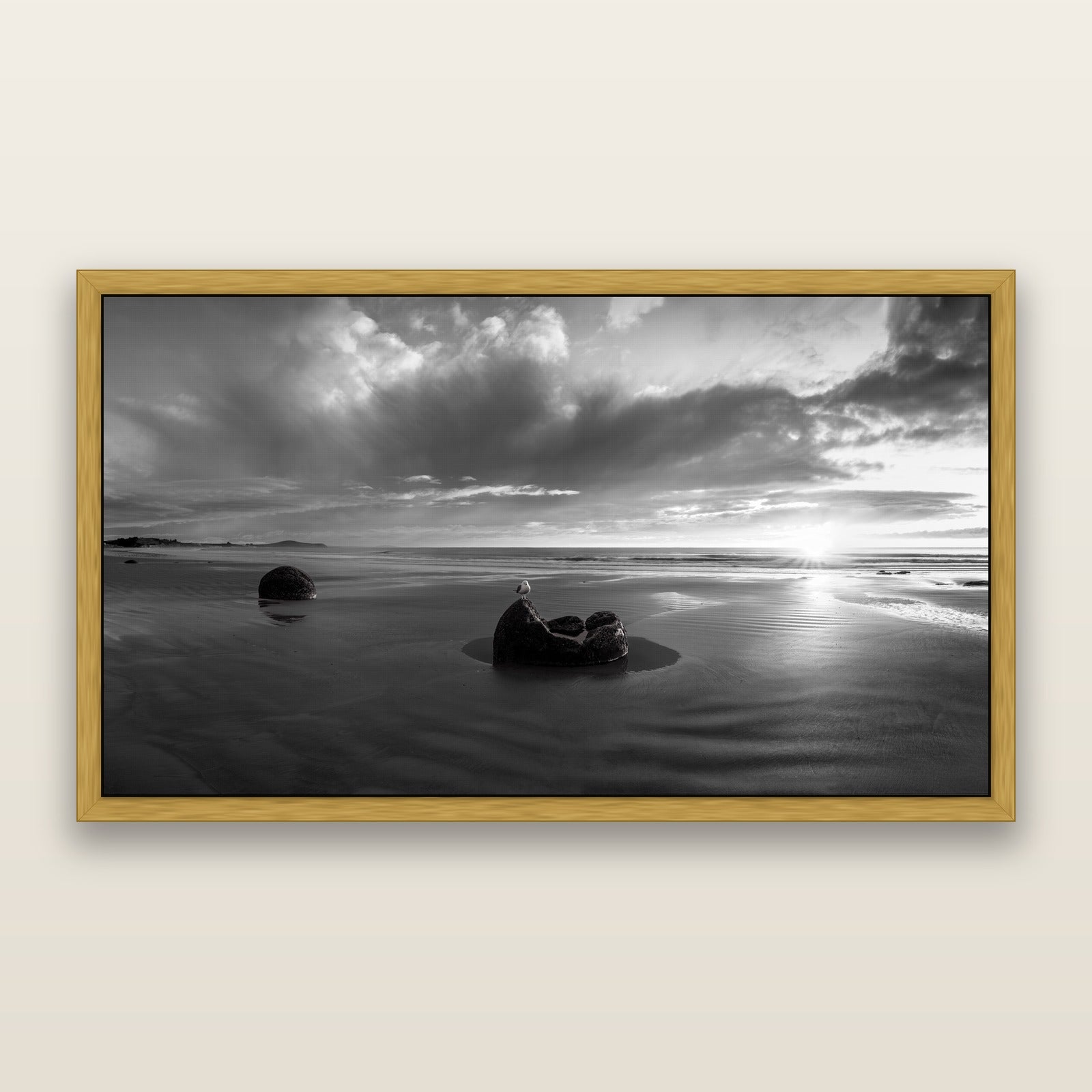 Eternal Guardians, Moeraki Boulders, black and white framed metallic canvas print, Antique Gold frame. New Zealand fine art wall art by Stephen Milner.