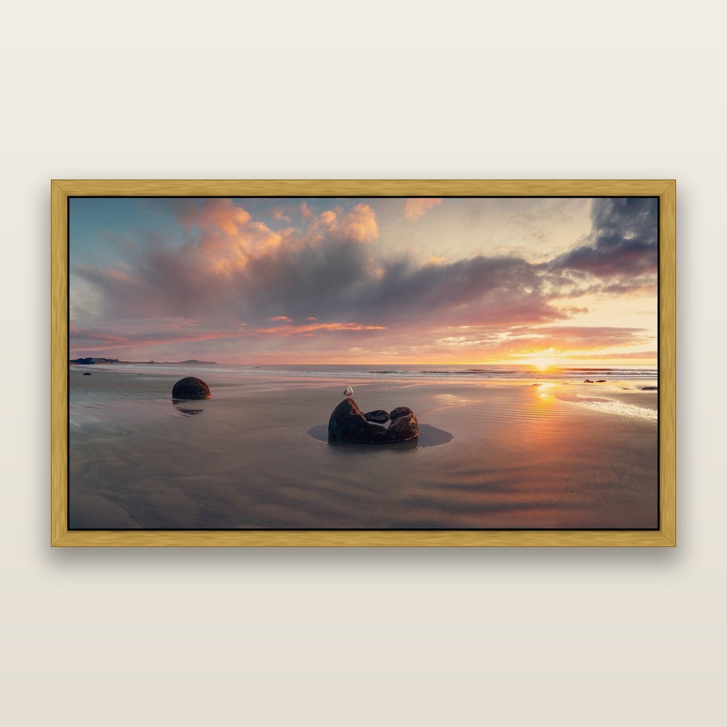 Eternal Guardians, Moeraki Boulders — framed metallic canvas print, Antique Gold frame. New Zealand fine art landscape wall art by Stephen Milner.