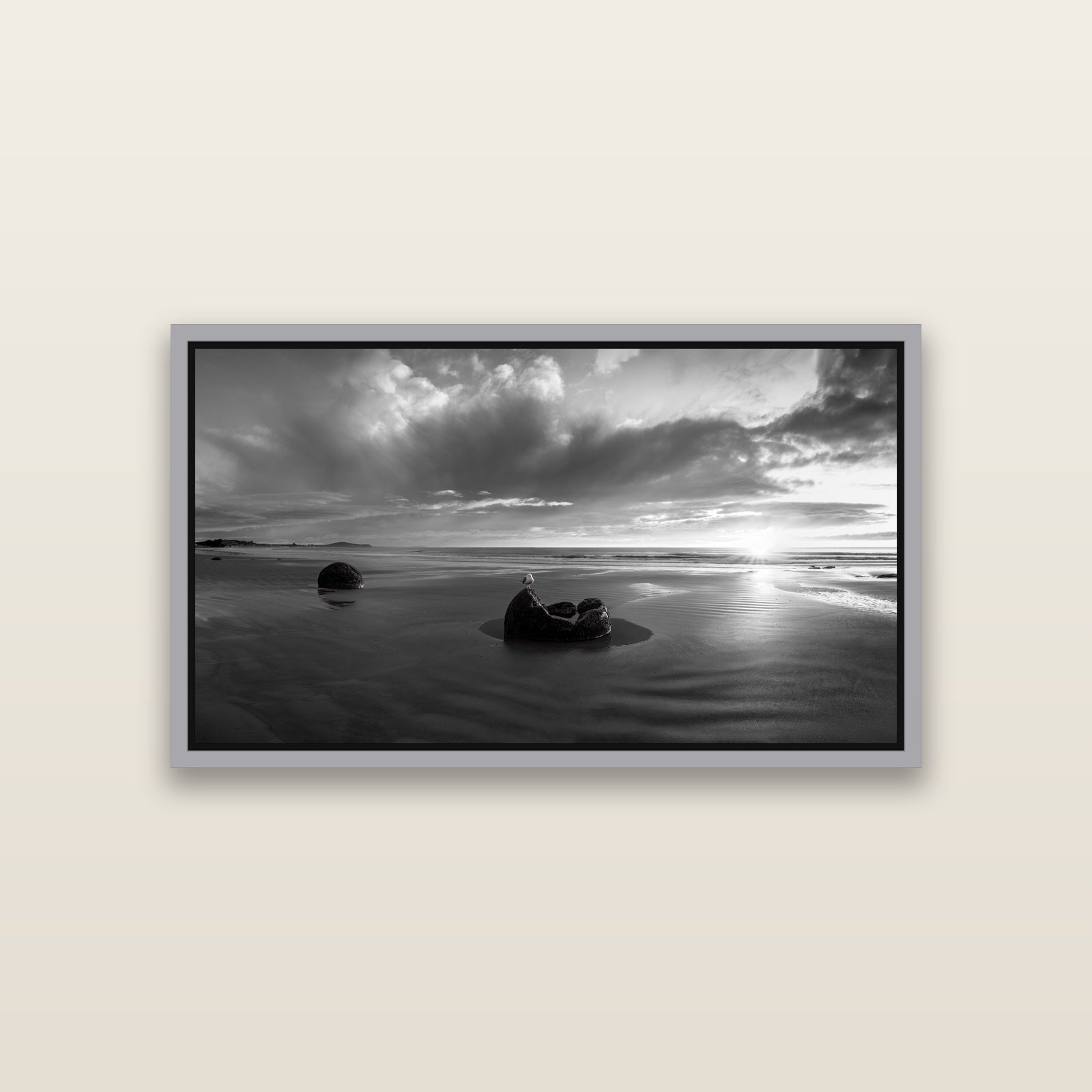 Eternal Guardians, Moeraki Boulders — Antique Silver framed metallic canvas print, small 81 × 46 cm. New Zealand fine art landscape wall art by Stephen Milner.