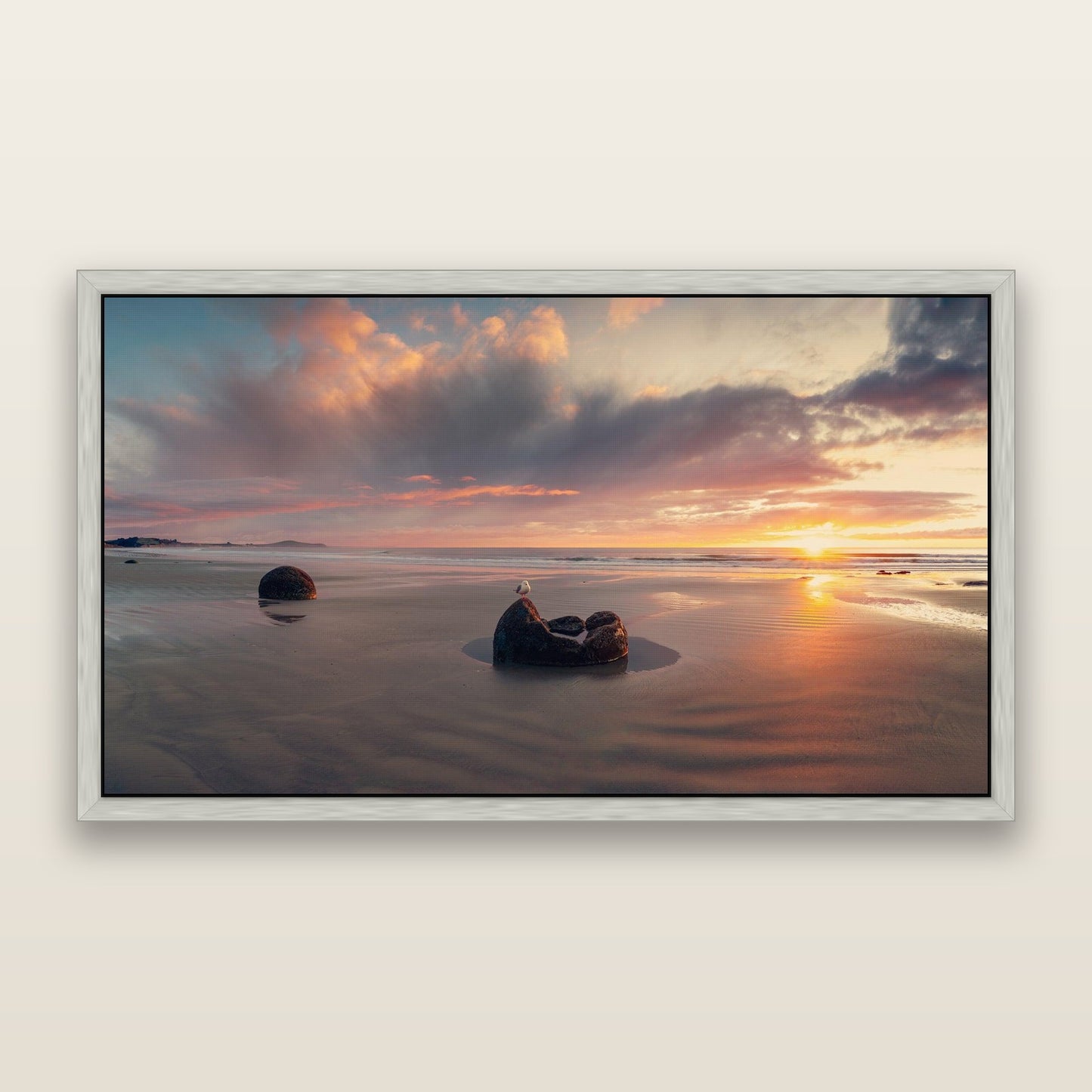 Eternal Guardians, Moeraki Boulders — framed metallic canvas print, Antique Silver frame. New Zealand fine art landscape wall art by Stephen Milner.
