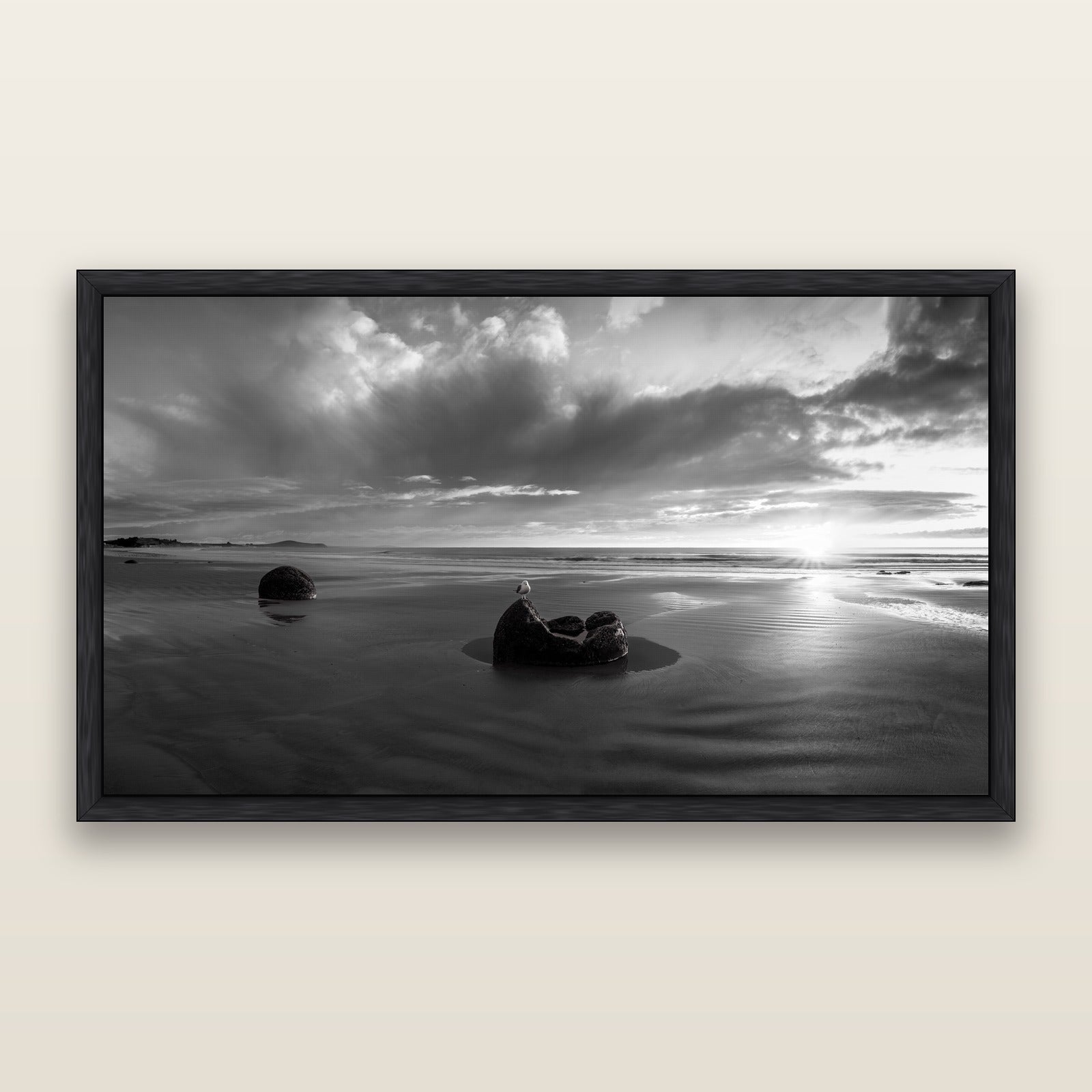 Eternal Guardians, Moeraki Boulders, black and white framed metallic canvas print, Black frame. New Zealand fine art wall art by Stephen Milner.