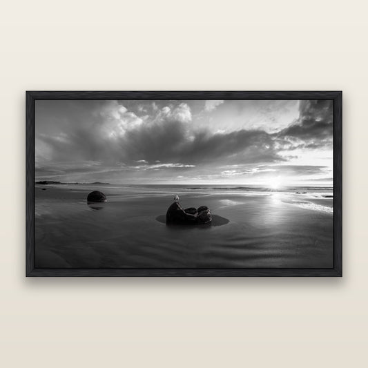 Eternal Guardians, Moeraki Boulders, black and white framed metallic canvas print, Black frame. New Zealand fine art wall art by Stephen Milner.