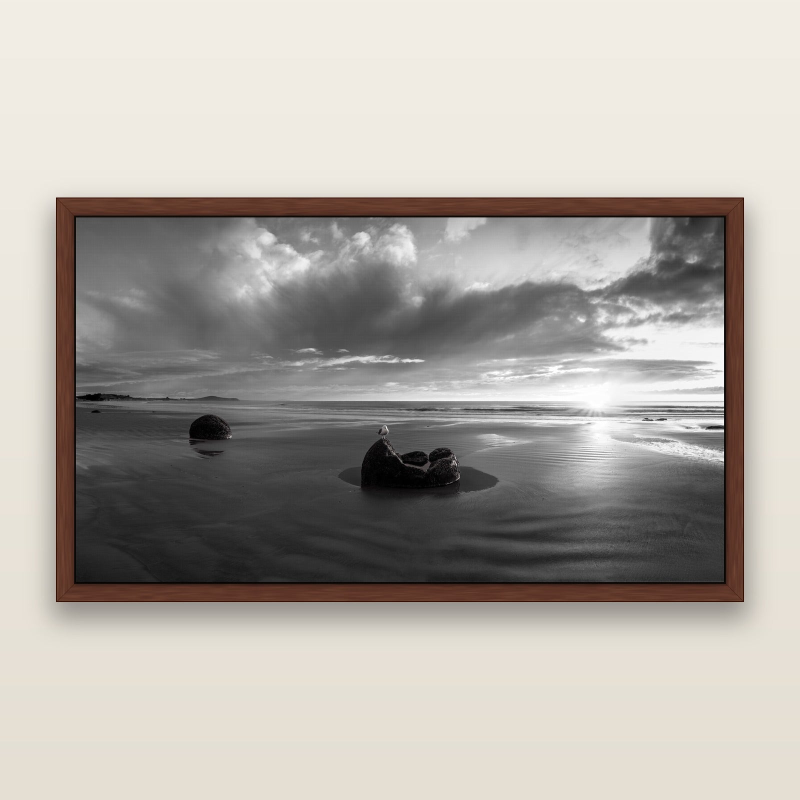 Eternal Guardians, Moeraki Boulders, black and white framed metallic canvas print, Brown frame. New Zealand fine art wall art by Stephen Milner.