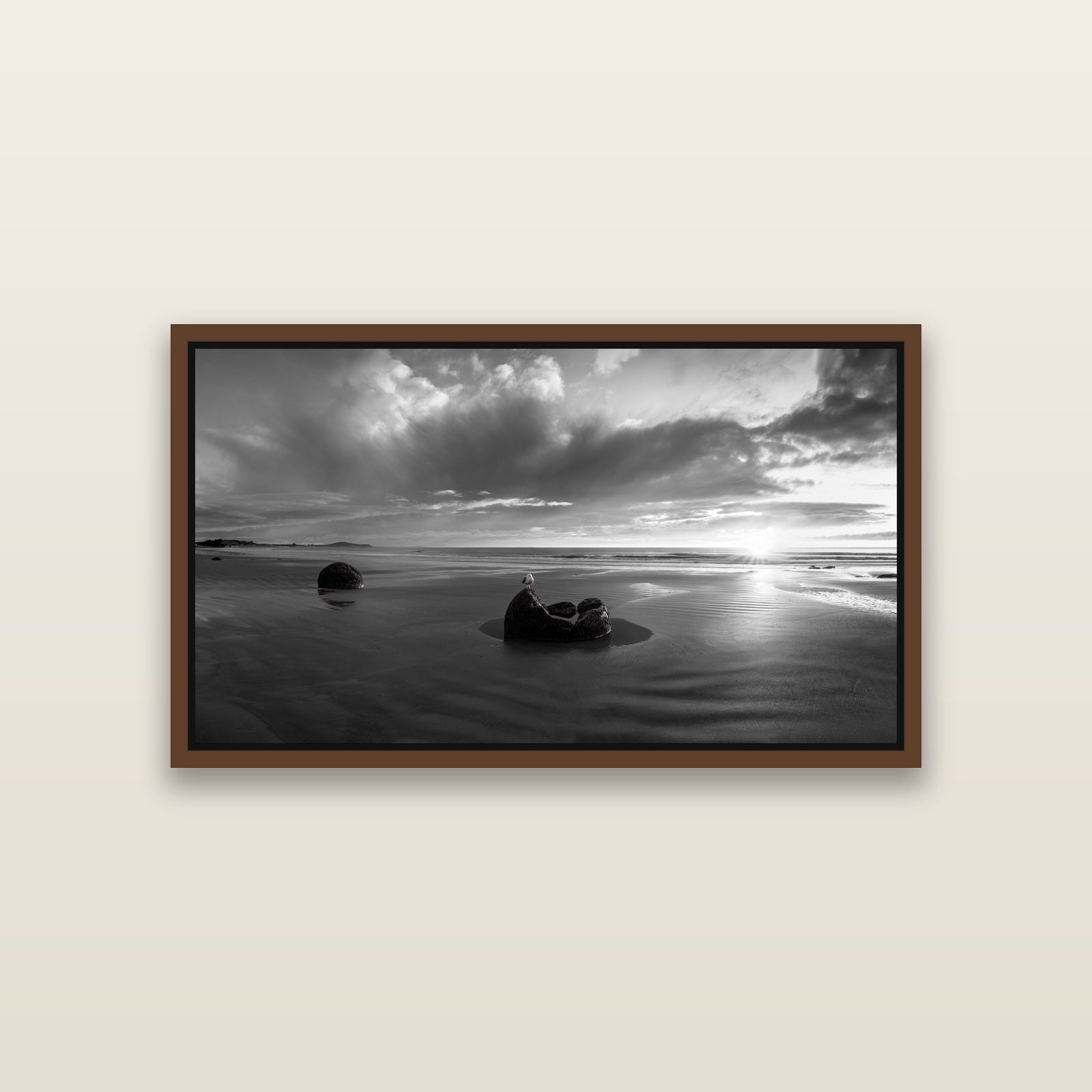 Eternal Guardians, Moeraki Boulders — Brown framed metallic canvas print, small 81 × 46 cm. New Zealand fine art landscape wall art by Stephen Milner.