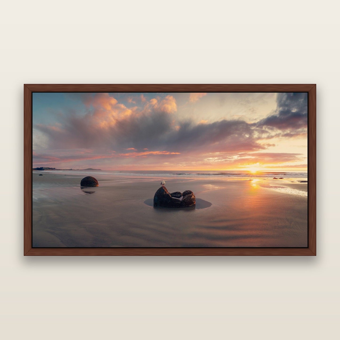 Eternal Guardians, Moeraki Boulders — framed metallic canvas print, Brown frame. New Zealand fine art landscape wall art by Stephen Milner.