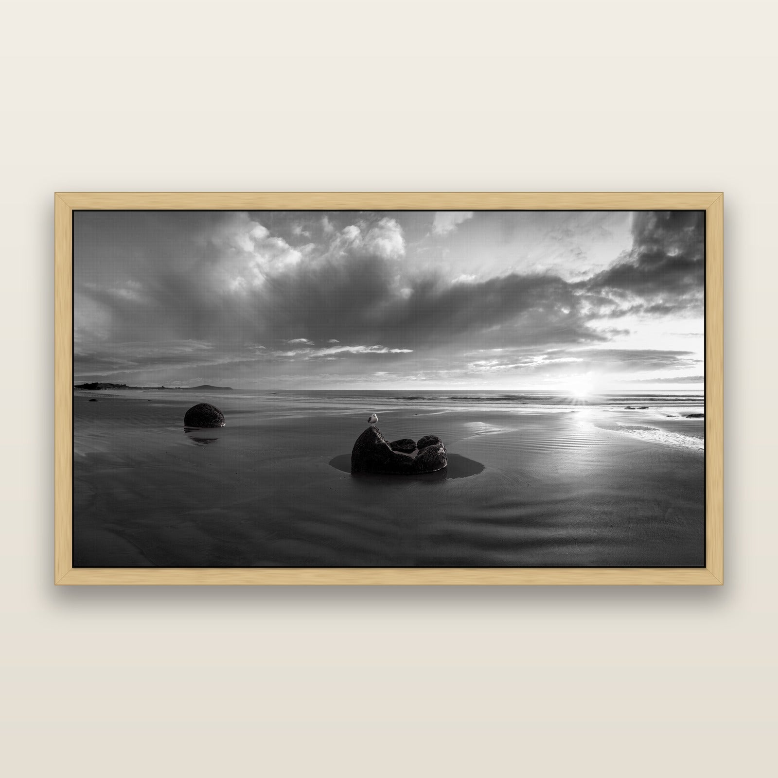 Eternal Guardians, Moeraki Boulders, black and white framed metallic canvas print, Natural frame. New Zealand fine art wall art by Stephen Milner.