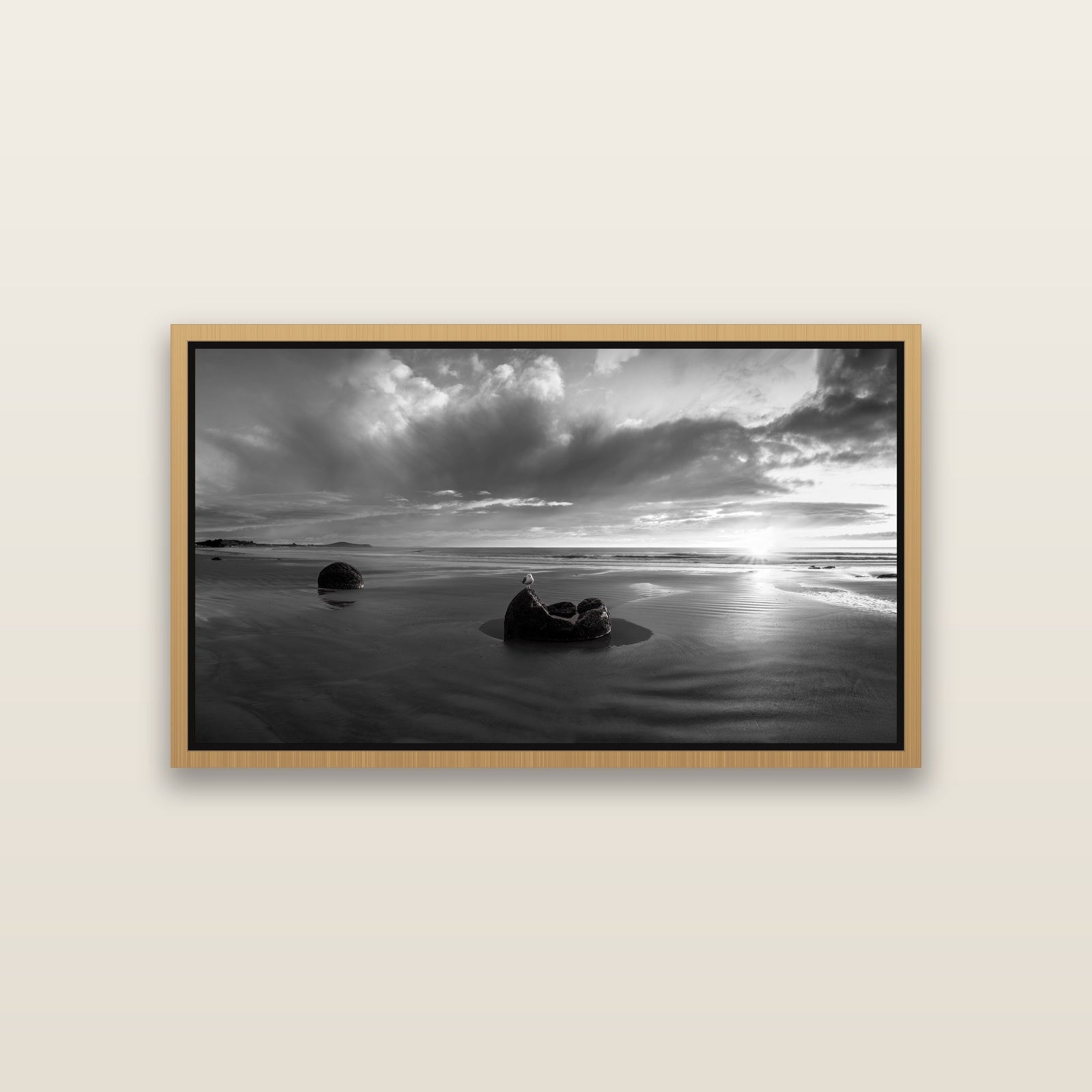 Eternal Guardians, Moeraki Boulders — Natural framed metallic canvas print, small 81 × 46 cm. New Zealand fine art landscape wall art by Stephen Milner.