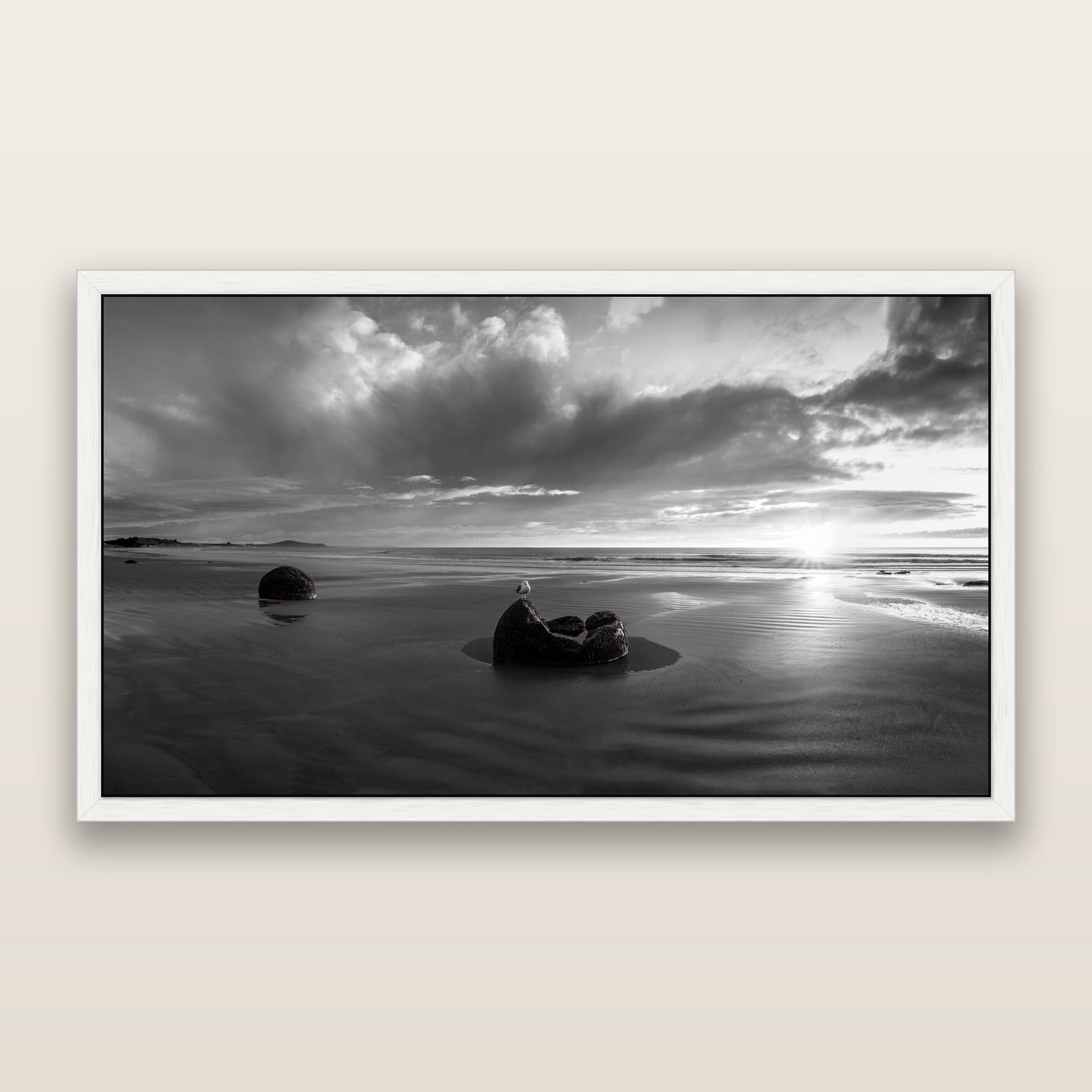 Eternal Guardians, Moeraki Boulders, black and white framed metallic canvas print, White frame. New Zealand fine art wall art by Stephen Milner.