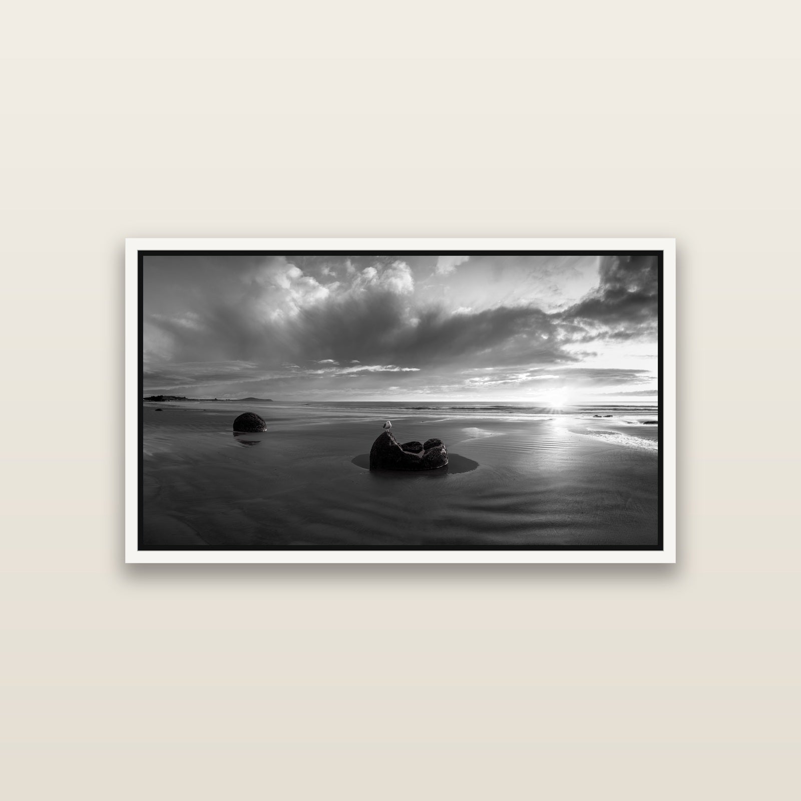 Eternal Guardians, Moeraki Boulders — White framed metallic canvas print, small 81 × 46 cm. New Zealand fine art landscape wall art by Stephen Milner.