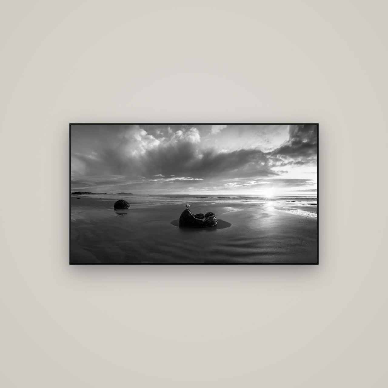 Eternal Guardians, Moeraki Boulders — ArtBox Black, 107×60 cm. New Zealand fine art wall art by Stephen Milner.