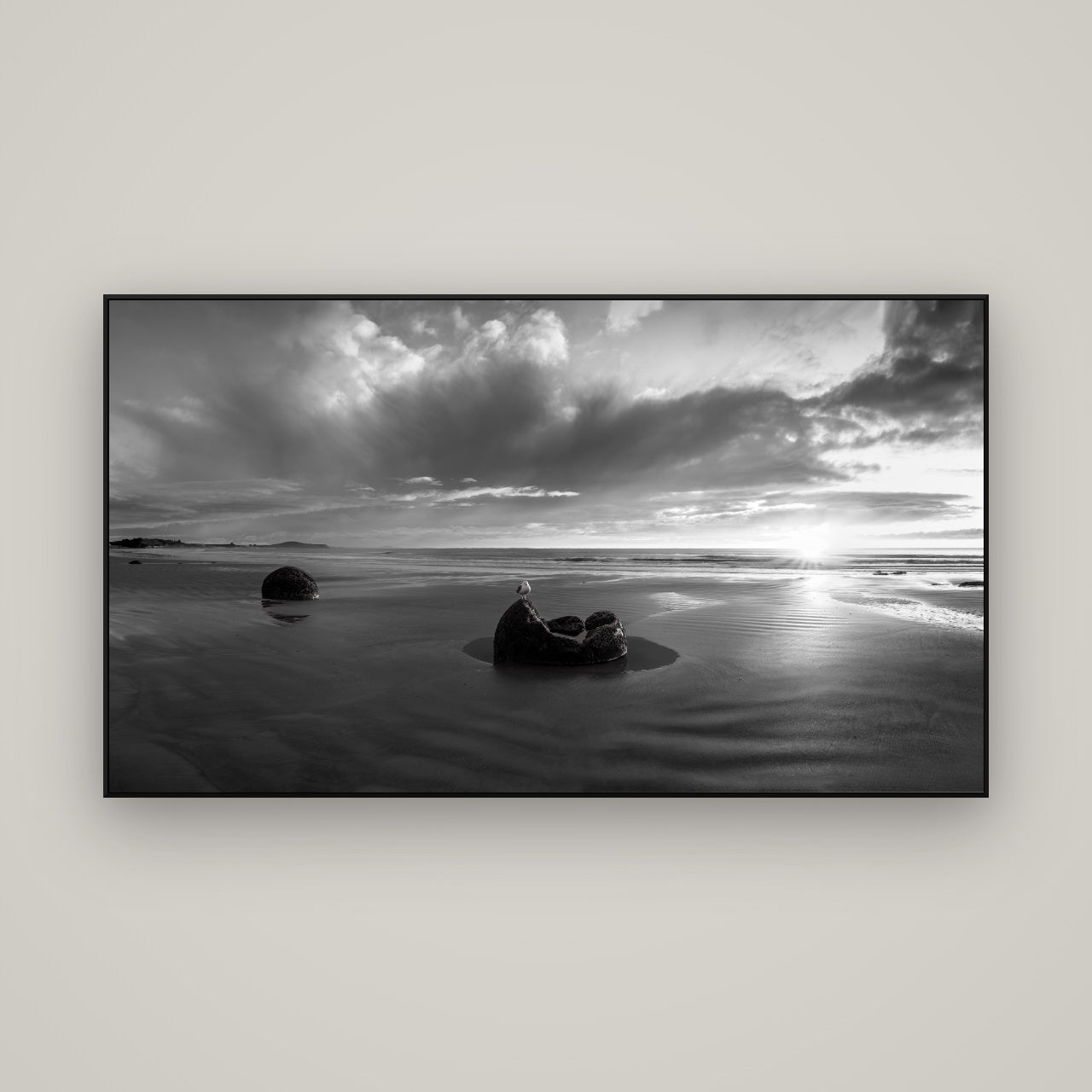 Eternal Guardians, Moeraki Boulders — ArtBox Black, 160×90 cm. New Zealand fine art wall art by Stephen Milner.