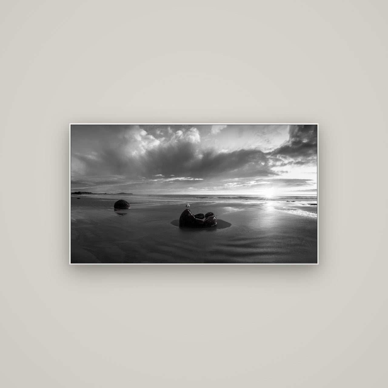 Eternal Guardians, Moeraki Boulders — ArtBox White, 107×60 cm. New Zealand fine art wall art by Stephen Milner.
