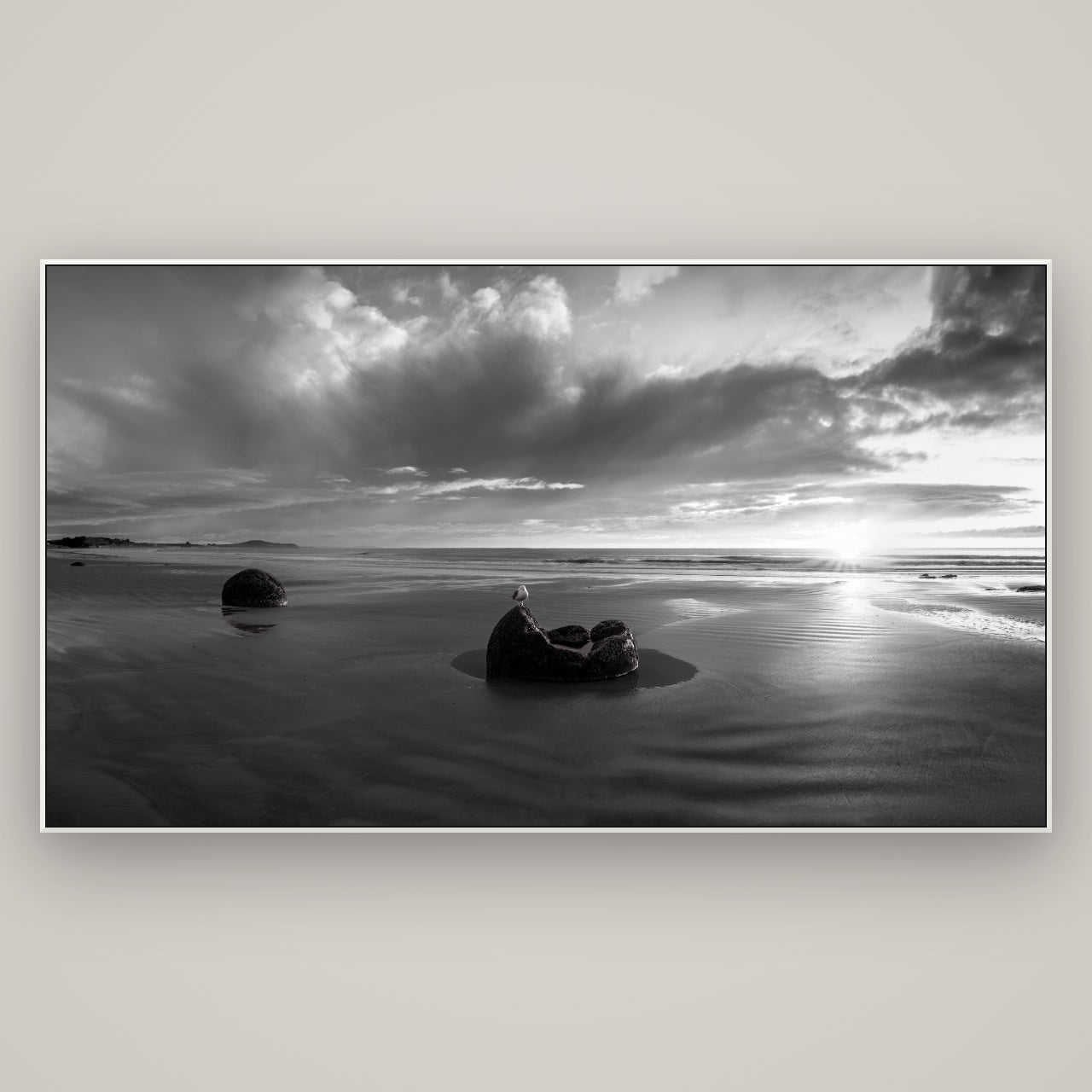 Eternal Guardians, Moeraki Boulders — ArtBox White, 196×110 cm. New Zealand fine art wall art by Stephen Milner.