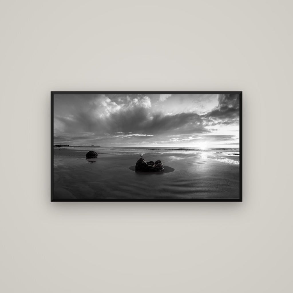 Eternal Guardians, Moeraki Boulders — Basel Black Matte, 107×60 cm. New Zealand fine art wall art by Stephen Milner.