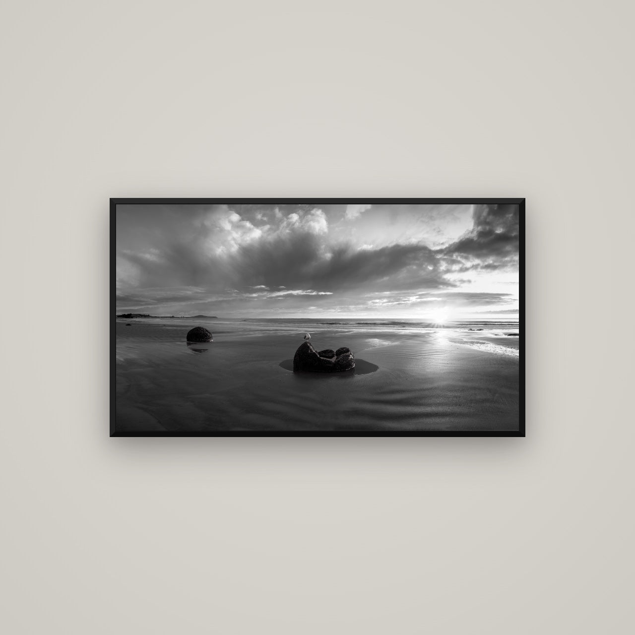 Eternal Guardians, Moeraki Boulders — Basel Black, 107×60 cm. New Zealand fine art wall art by Stephen Milner.