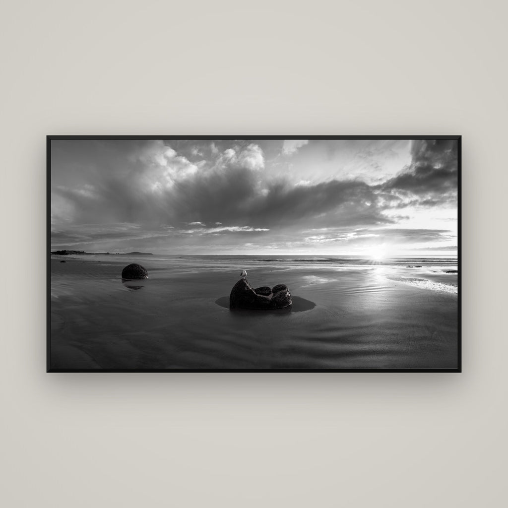 Eternal Guardians, Moeraki Boulders — Basel Black Matte, 160×90 cm. New Zealand fine art wall art by Stephen Milner.
