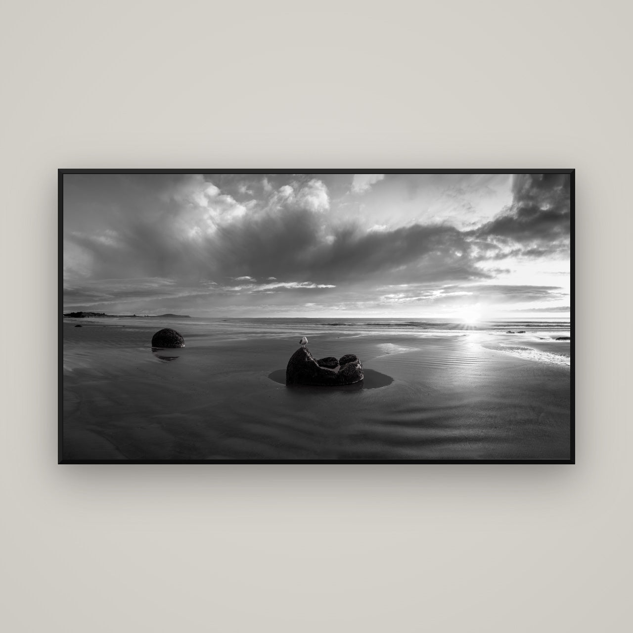 Eternal Guardians, Moeraki Boulders — Basel Black, 160×90 cm. New Zealand fine art wall art by Stephen Milner.