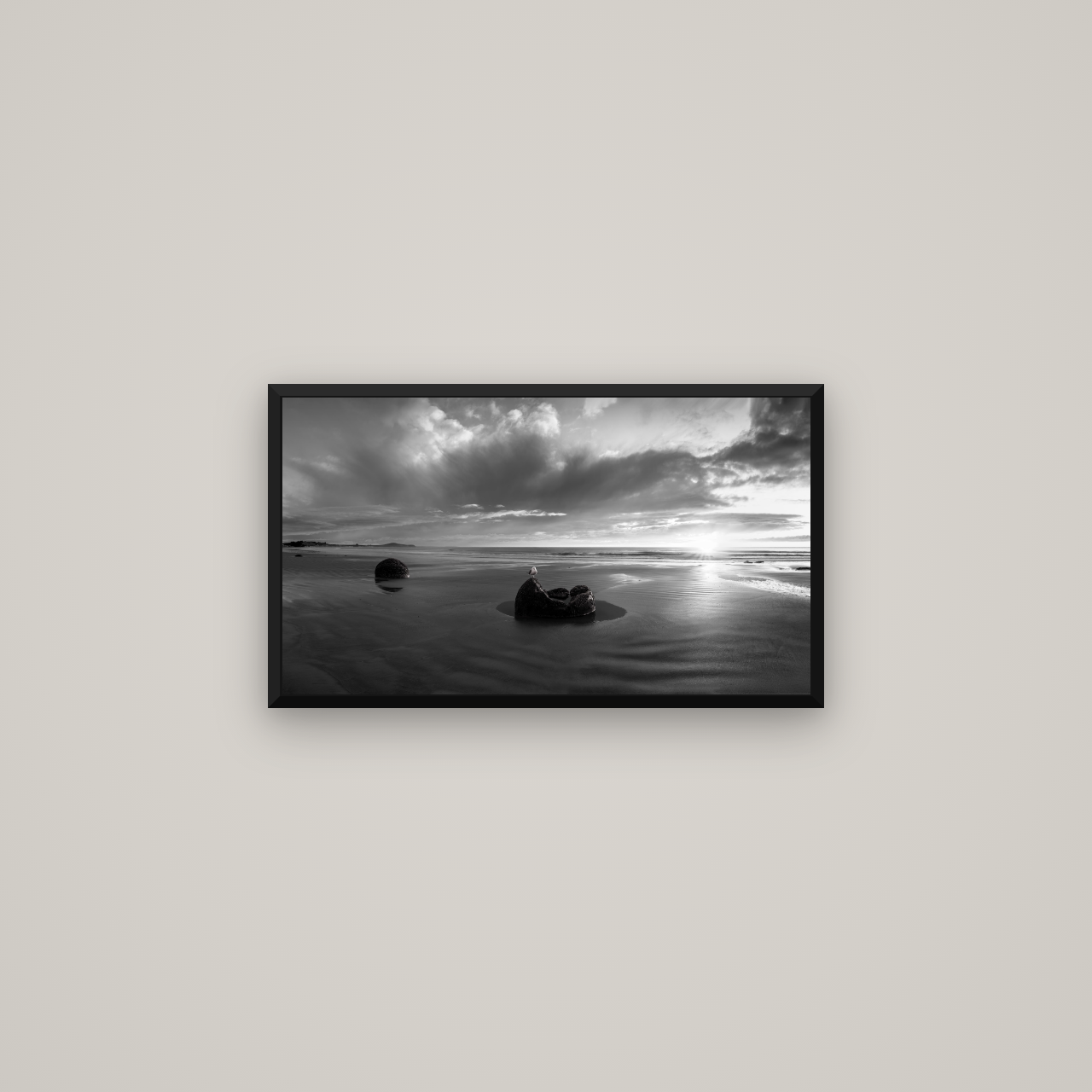 Eternal Guardians, Moeraki Boulders — Basel Black Matte, 64×36 cm. New Zealand fine art wall art by Stephen Milner.