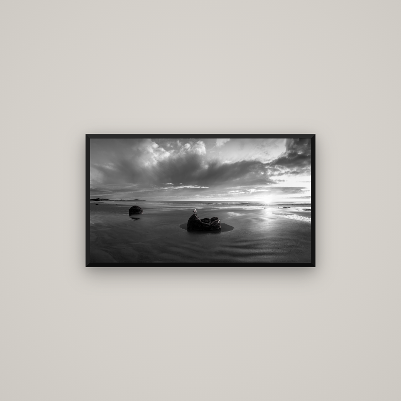 Eternal Guardians, Moeraki Boulders — Basel Black Matte, 80×45 cm. New Zealand fine art wall art by Stephen Milner.