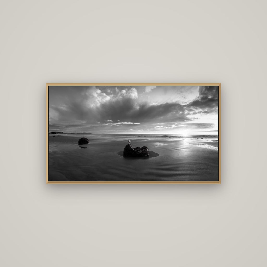 Eternal Guardians, Moeraki Boulders, Basel Natural Oak, 107×60 cm. New Zealand fine art wall art by Stephen Milner.