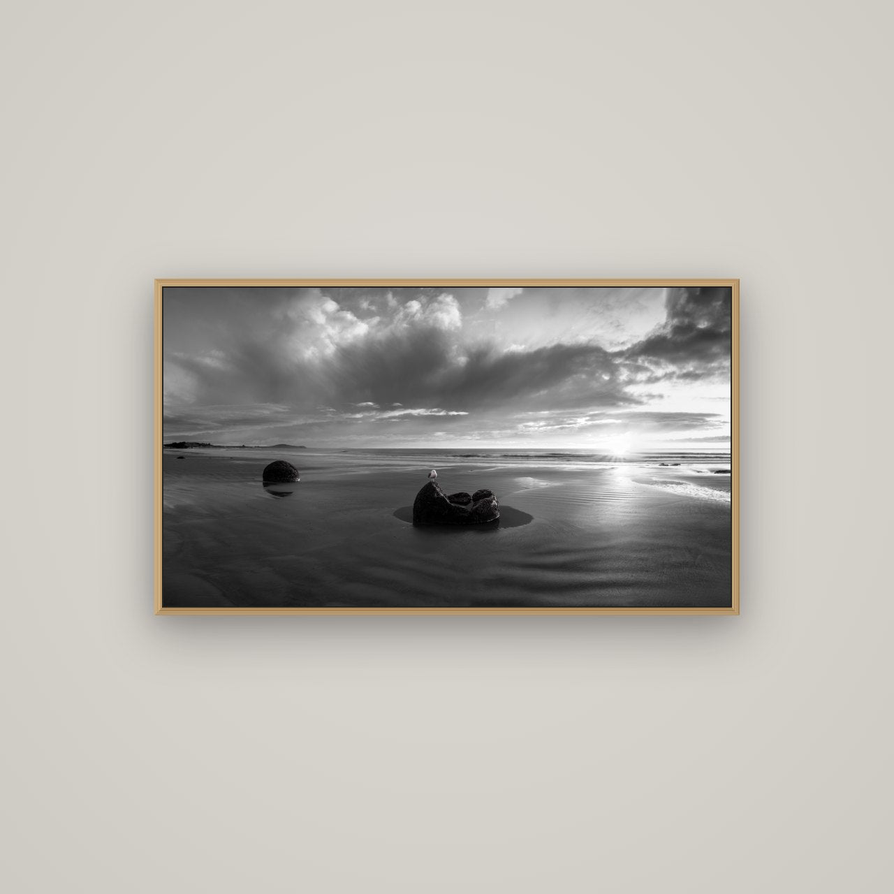 Eternal Guardians, Moeraki Boulders, Basel Natural Oak, 107×60 cm. New Zealand fine art wall art by Stephen Milner.