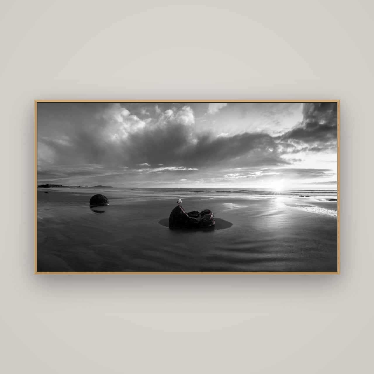 Eternal Guardians, Moeraki Boulders, Basel Natural Oak, 160×90 cm. New Zealand fine art wall art by Stephen Milner.