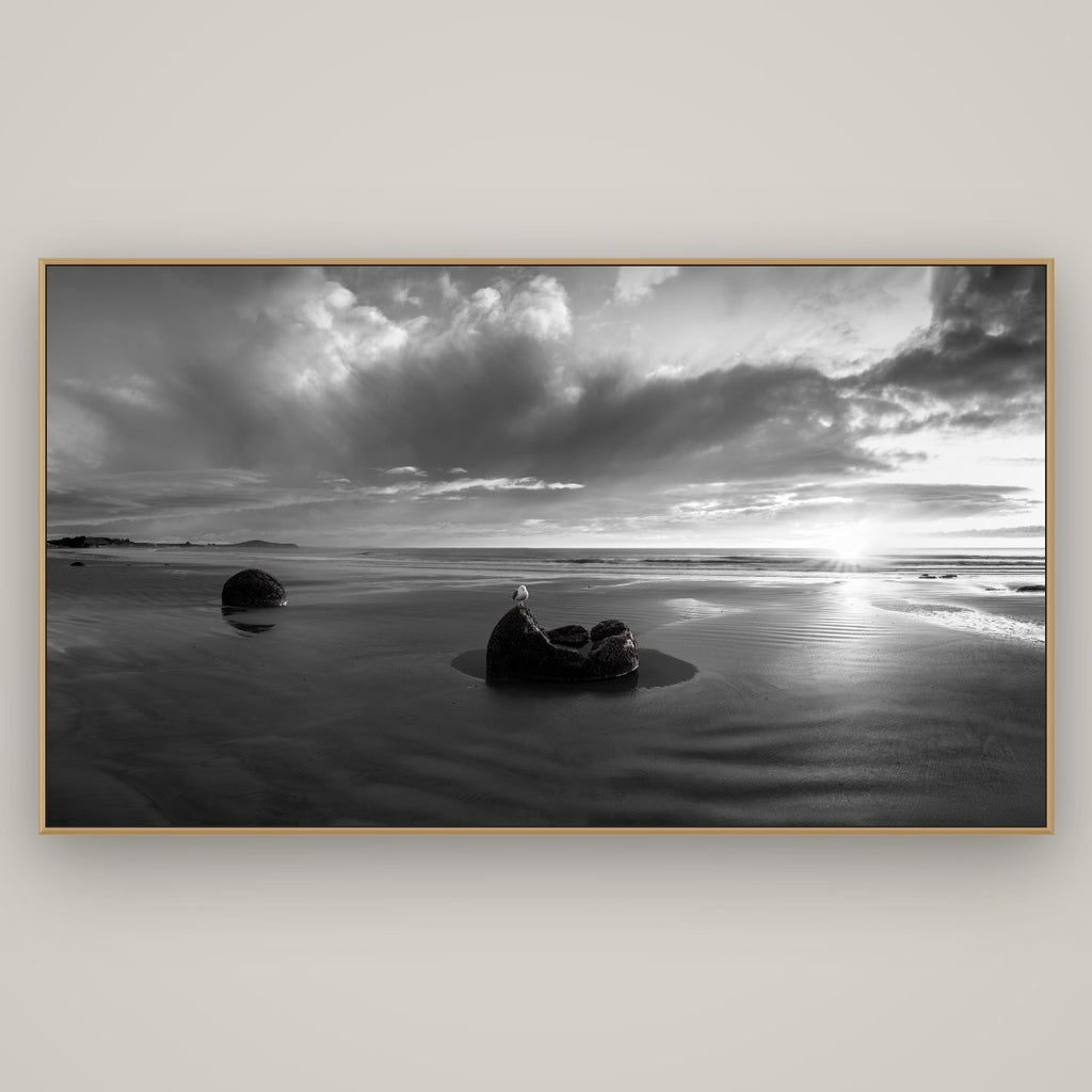 Eternal Guardians, Moeraki Boulders, Basel Natural Oak, 196×110 cm. New Zealand fine art wall art by Stephen Milner.