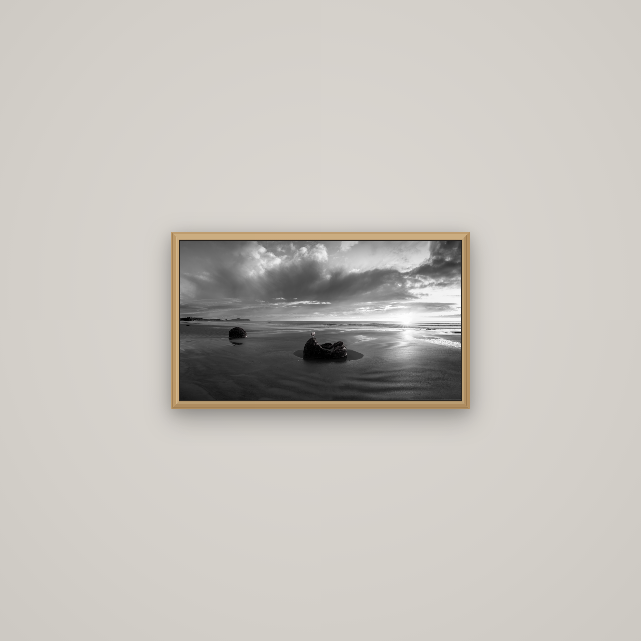 Eternal Guardians, Moeraki Boulders, Basel Natural Oak, 53×30 cm. New Zealand fine art wall art by Stephen Milner.