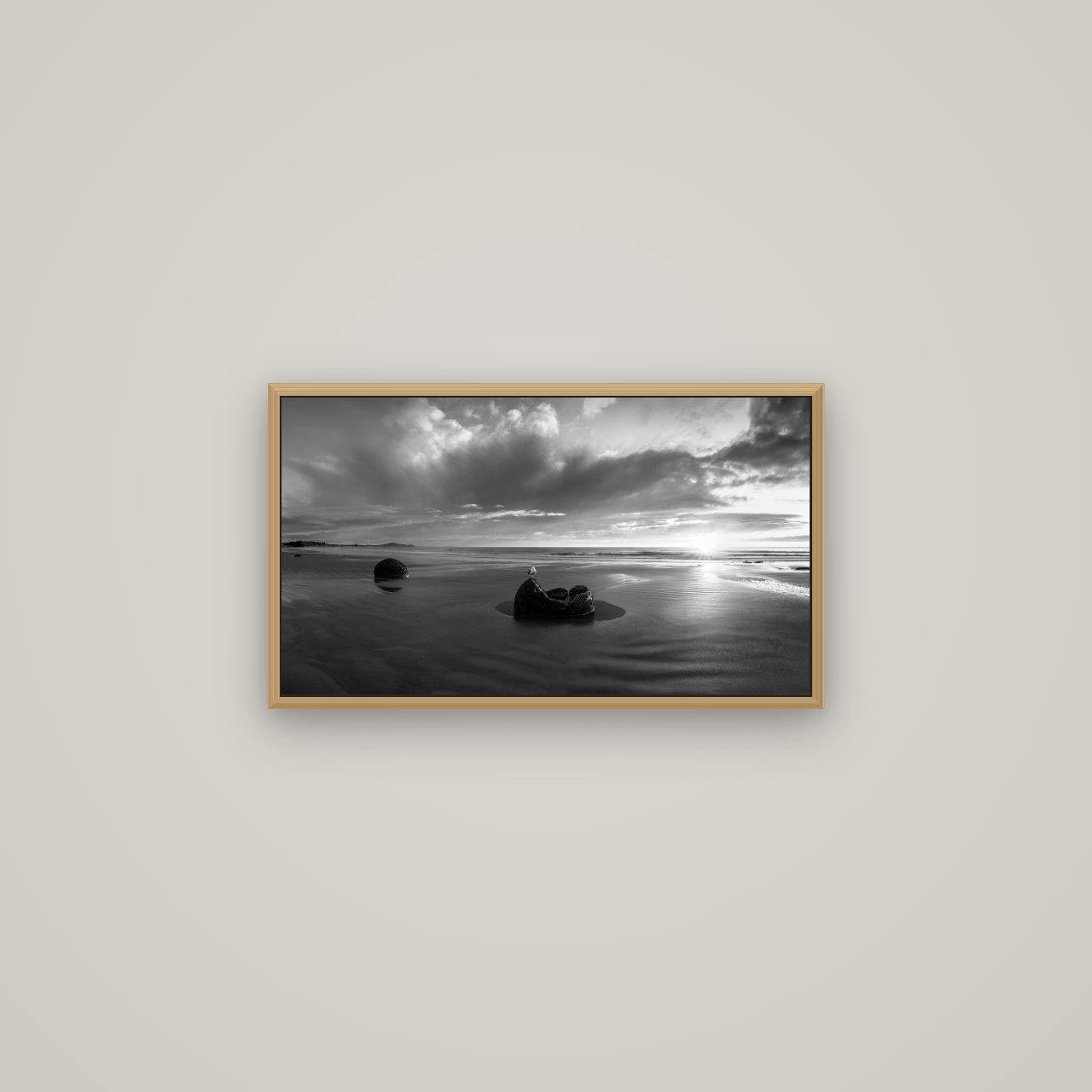 Eternal Guardians, Moeraki Boulders, Basel Natural Oak, 64×36 cm. New Zealand fine art wall art by Stephen Milner.