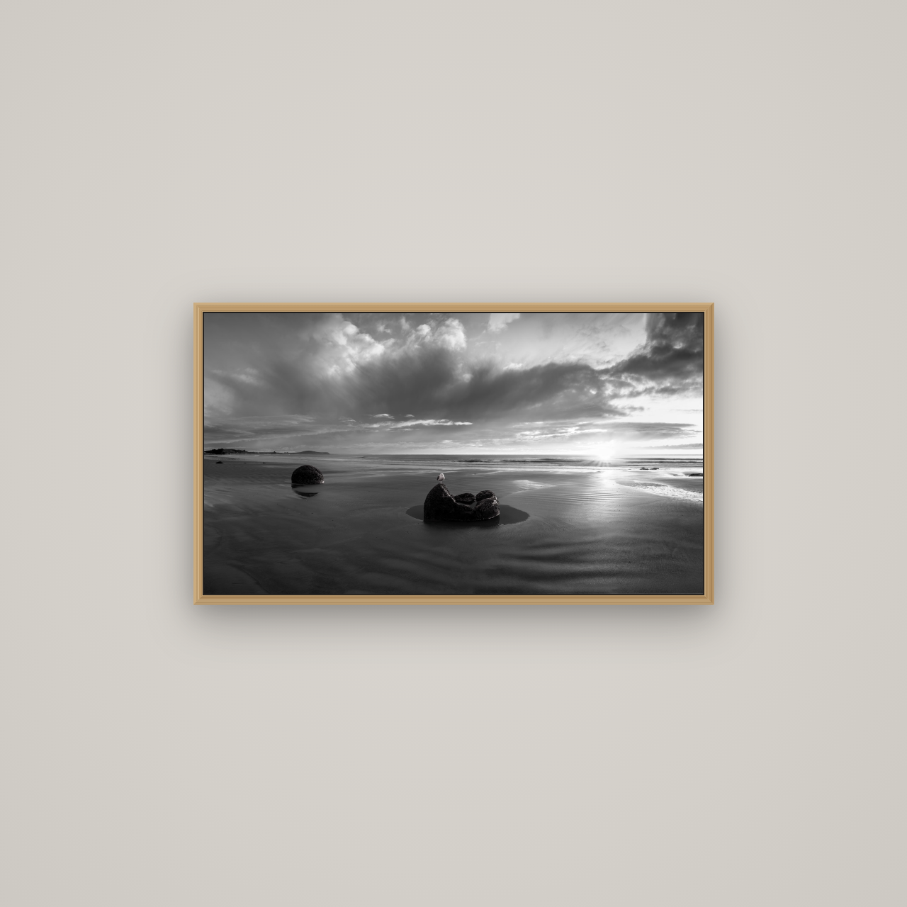 Eternal Guardians, Moeraki Boulders, Basel Natural Oak, 80×45 cm. New Zealand fine art wall art by Stephen Milner.