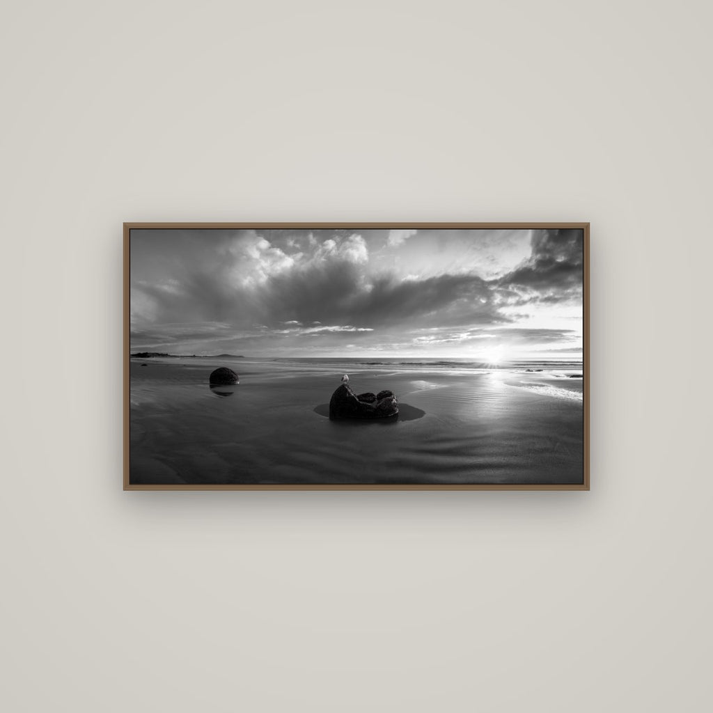 Eternal Guardians, Moeraki Boulders, Basel Walnut, 107×60 cm. New Zealand fine art wall art by Stephen Milner.