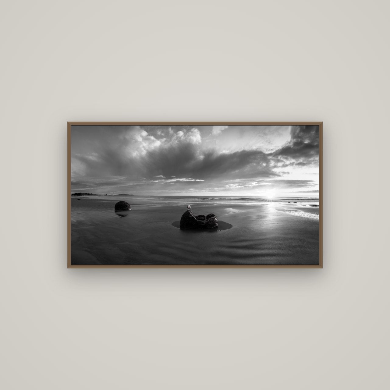 Eternal Guardians, Moeraki Boulders, Basel Walnut, 107×60 cm. New Zealand fine art wall art by Stephen Milner.
