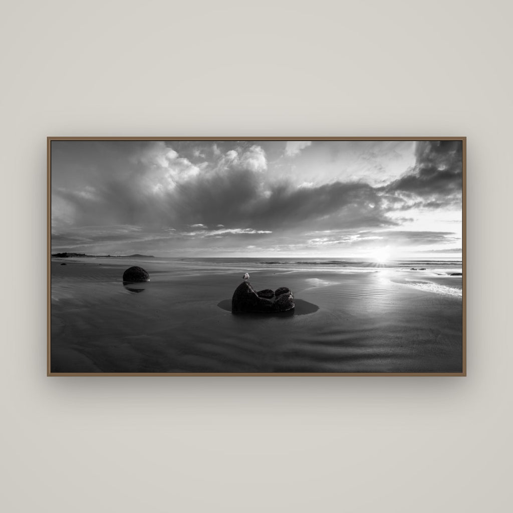 Eternal Guardians, Moeraki Boulders, Basel Walnut, 160×90 cm. New Zealand fine art wall art by Stephen Milner.